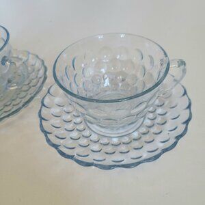 2 Vintage Anchor Hocking 'Bubble'' pattern blue color glass cups and saucers.